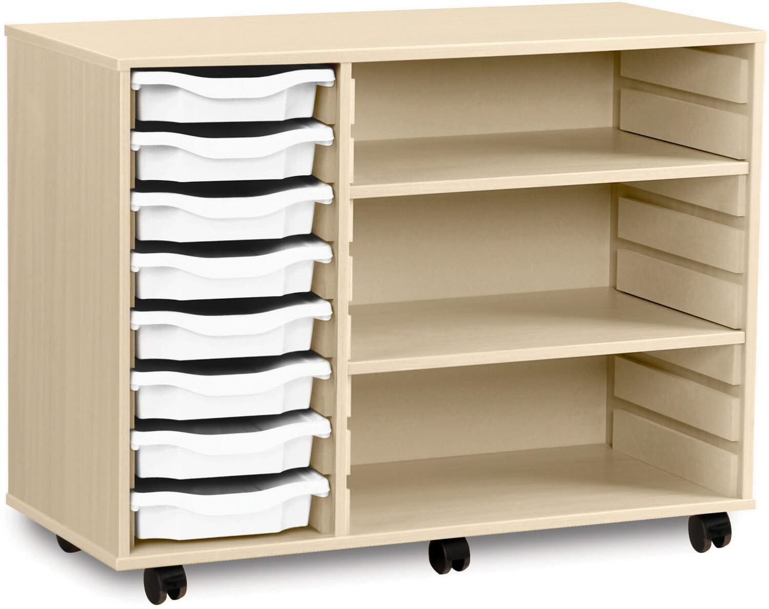 Monarch 8 Shallow Tray Unit with 2 Adjustable Shelves, , Monarch 8 Shallow Tray Unit with 2 Adjustable Shelves,The Monarch 8 Shallow Tray Unit with 2 Adjustable Shelves is a highly practical and versatile storage solution, ideal for schools, colleges, and nurseries. Combining tray and shelf storage, this unit is perfect for organising a variety of classroom materials, including stationery, craftThe Monarch 8 Shallow Tray Unit with 2 Adjustable Shelves is a highly practical and versatile storage solution, id