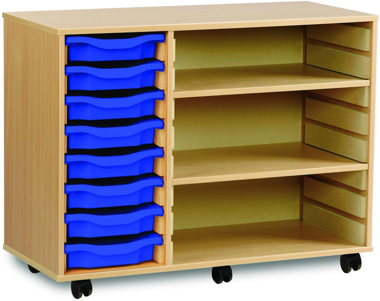 Monarch 8 Shallow Tray Unit with 2 Adjustable Shelves, , Monarch 8 Shallow Tray Unit with 2 Adjustable Shelves,The Monarch 8 Shallow Tray Unit with 2 Adjustable Shelves is a highly practical and versatile storage solution, ideal for schools, colleges, and nurseries. Combining tray and shelf storage, this unit is perfect for organising a variety of classroom materials, including stationery, craftThe Monarch 8 Shallow Tray Unit with 2 Adjustable Shelves is a highly practical and versatile storage solution, id