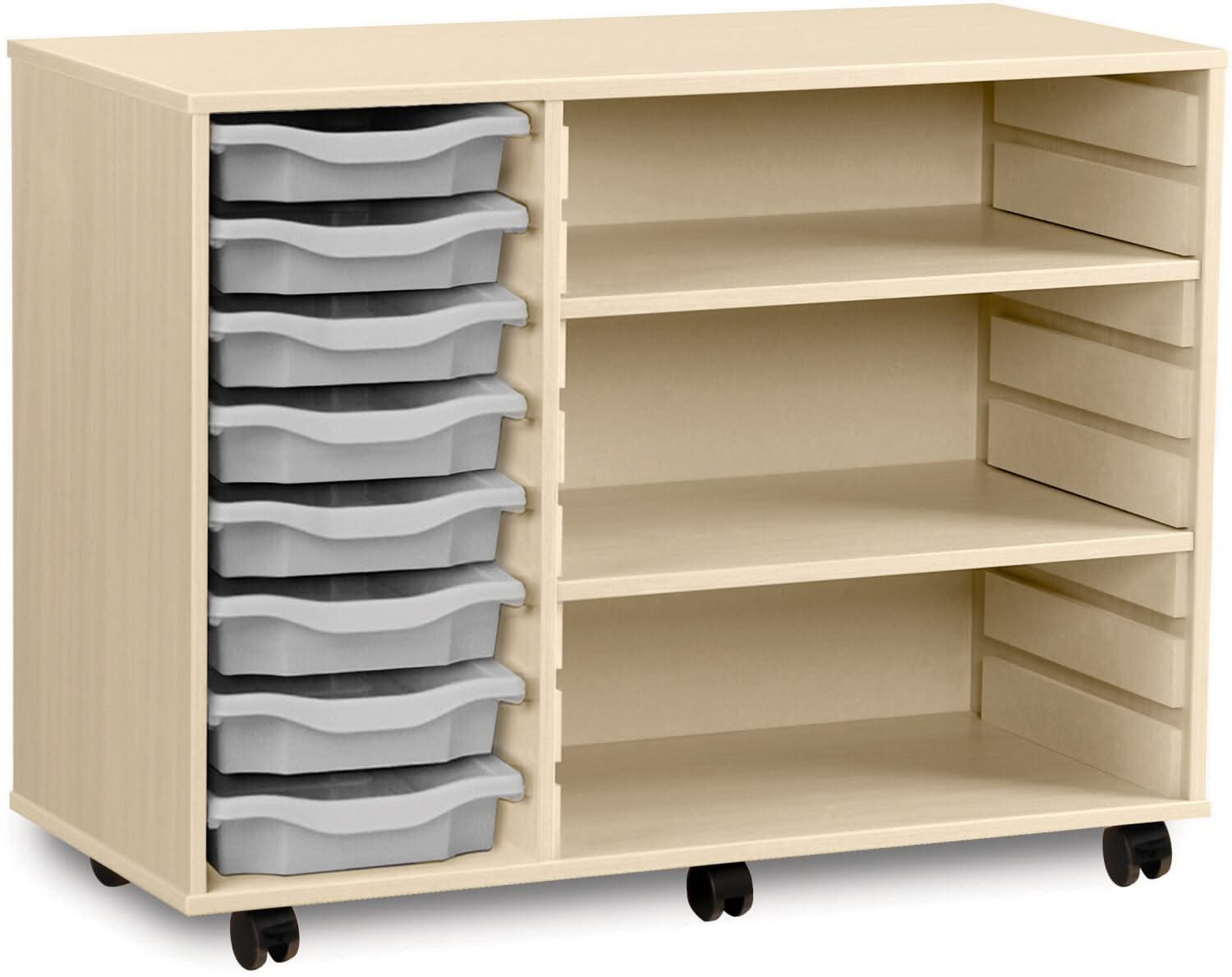 Monarch 8 Shallow Tray Unit with 2 Adjustable Shelves, , Monarch 8 Shallow Tray Unit with 2 Adjustable Shelves,The Monarch 8 Shallow Tray Unit with 2 Adjustable Shelves is a highly practical and versatile storage solution, ideal for schools, colleges, and nurseries. Combining tray and shelf storage, this unit is perfect for organising a variety of classroom materials, including stationery, craftThe Monarch 8 Shallow Tray Unit with 2 Adjustable Shelves is a highly practical and versatile storage solution, id