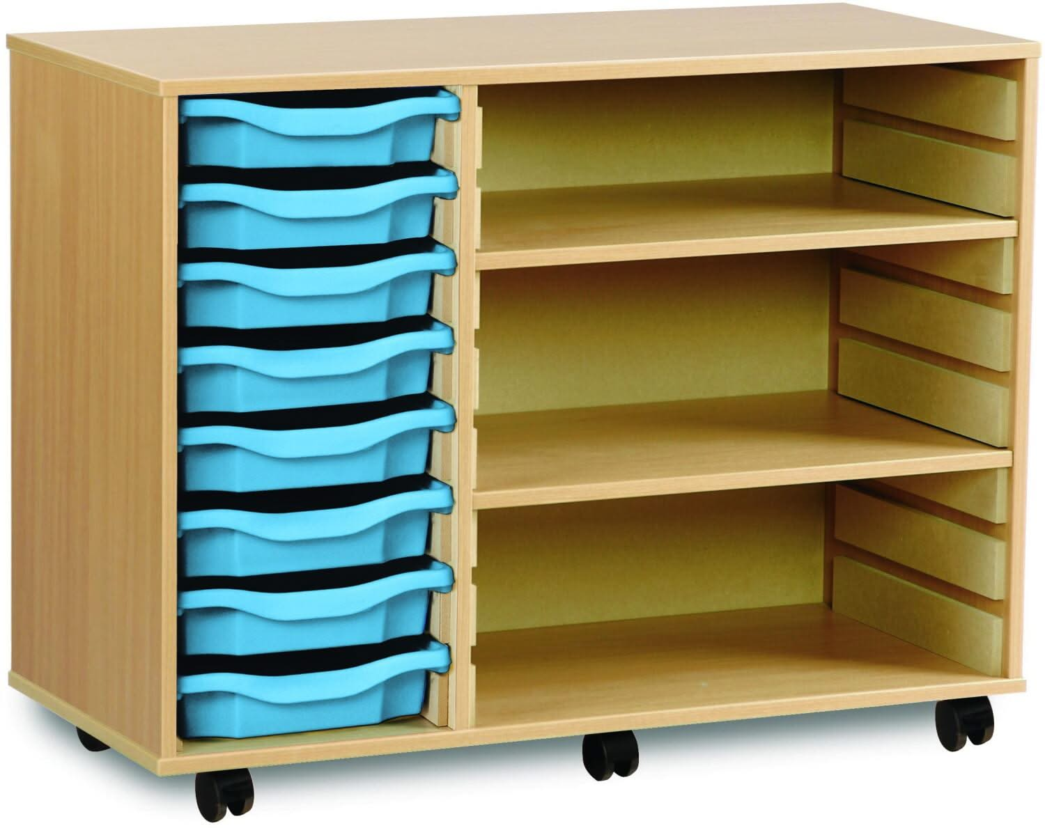 Monarch 8 Shallow Tray Unit with 2 Adjustable Shelves, , Monarch 8 Shallow Tray Unit with 2 Adjustable Shelves,The Monarch 8 Shallow Tray Unit with 2 Adjustable Shelves is a highly practical and versatile storage solution, ideal for schools, colleges, and nurseries. Combining tray and shelf storage, this unit is perfect for organising a variety of classroom materials, including stationery, craftThe Monarch 8 Shallow Tray Unit with 2 Adjustable Shelves is a highly practical and versatile storage solution, id