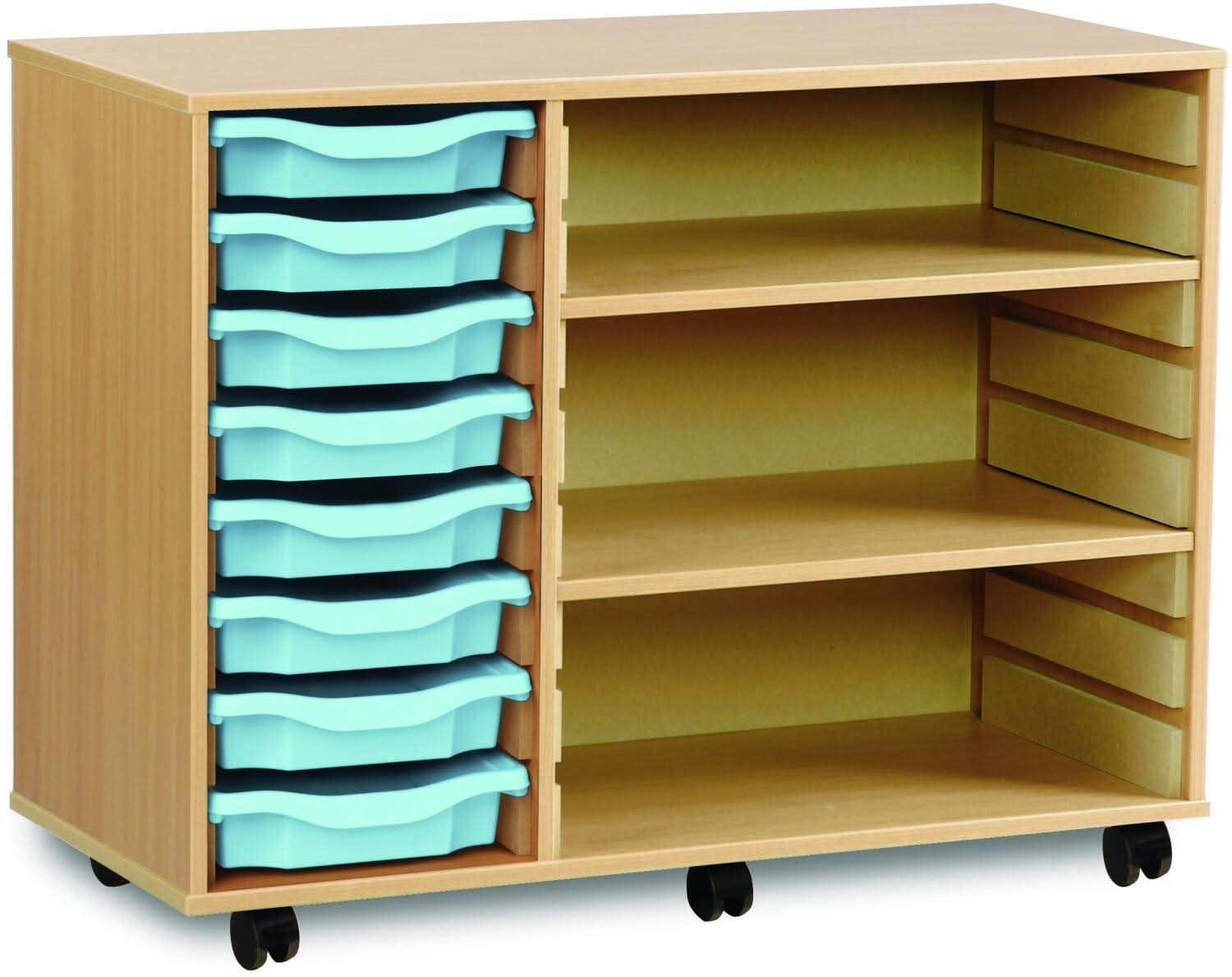 Monarch 8 Shallow Tray Unit with 2 Adjustable Shelves, , Monarch 8 Shallow Tray Unit with 2 Adjustable Shelves,The Monarch 8 Shallow Tray Unit with 2 Adjustable Shelves is a highly practical and versatile storage solution, ideal for schools, colleges, and nurseries. Combining tray and shelf storage, this unit is perfect for organising a variety of classroom materials, including stationery, craftThe Monarch 8 Shallow Tray Unit with 2 Adjustable Shelves is a highly practical and versatile storage solution, id