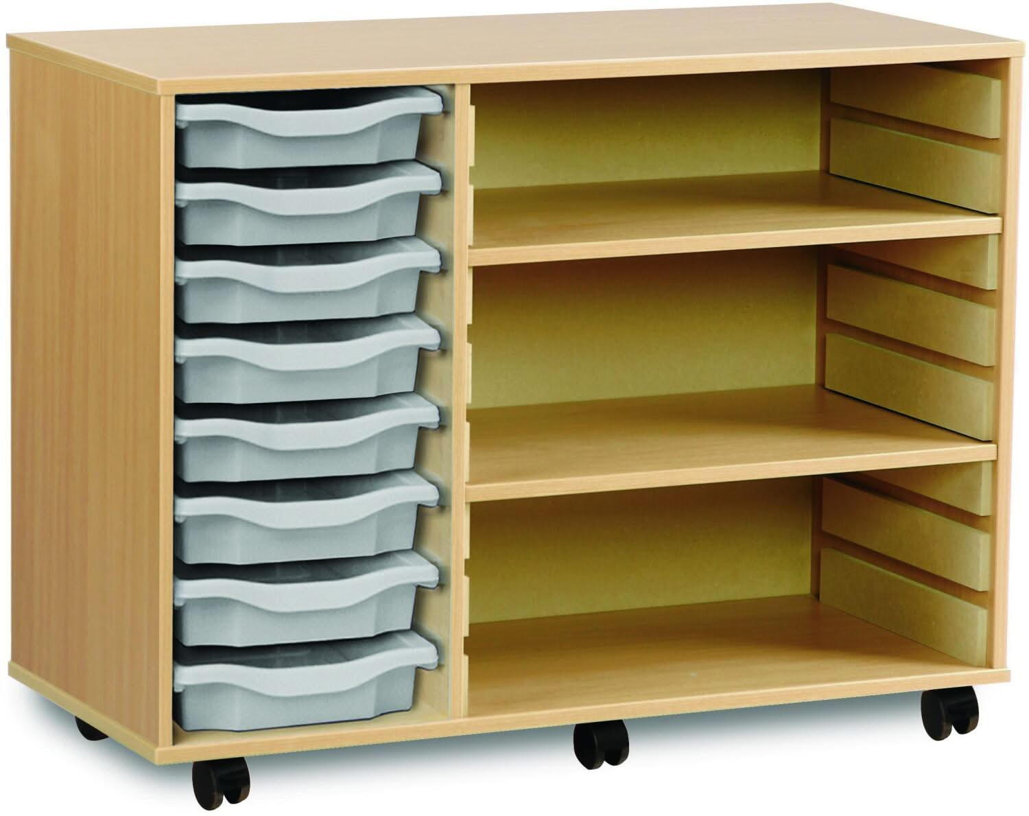 Monarch 8 Shallow Tray Unit with 2 Adjustable Shelves, , Monarch 8 Shallow Tray Unit with 2 Adjustable Shelves,The Monarch 8 Shallow Tray Unit with 2 Adjustable Shelves is a highly practical and versatile storage solution, ideal for schools, colleges, and nurseries. Combining tray and shelf storage, this unit is perfect for organising a variety of classroom materials, including stationery, craftThe Monarch 8 Shallow Tray Unit with 2 Adjustable Shelves is a highly practical and versatile storage solution, id