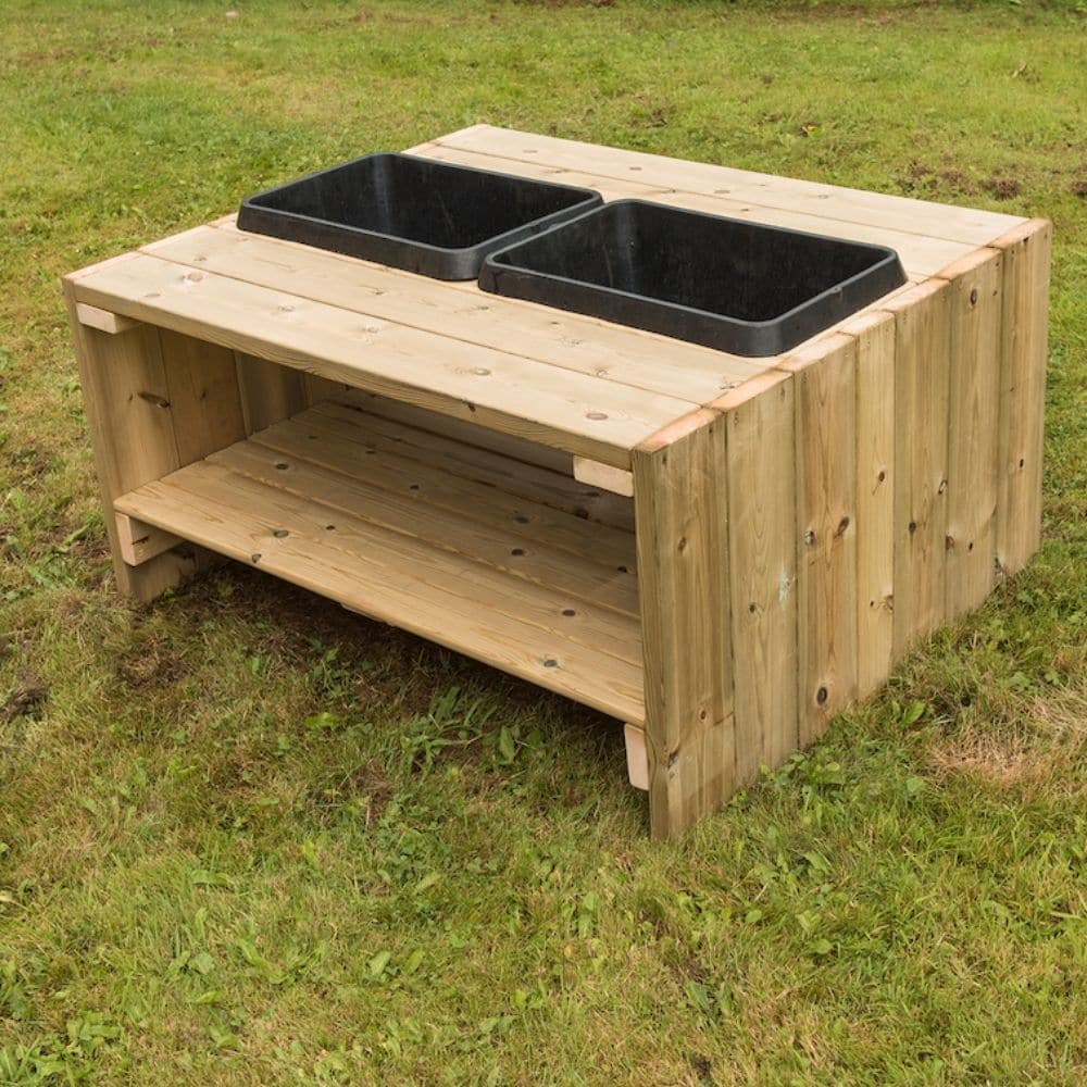 Outdoor Wooden Group Discovery Table, Outdoor Wooden Group Discovery Table,Outdoor messy play,early years messy play ideas,tactile sensory activities,school Playground equipment,school playground equipment,school playground, Outdoor Wooden Group Discovery Table,The Outdoor Wooden Group Discovery Table is a large outdoor wooden table with a storage shelf and plastic basins. The Outdoor Wooden Group Discovery Table has enough space for lots of children and table space to experiment. Children can transfer mate