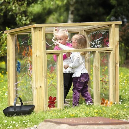 Outdoor Wooden Mark Making Den, Outdoor Wooden Mark Making Den,Millhouse discount codes,Millhouse resources,educational resources, educational materials, children's learning resources, children's learning materials, teaching resources for children, teaching material for children, Outdoor Wooden Mark Making Den,The Outdoor Wooden Mark Making Den is a wonderful creative den with clear wipe-clean walls that can be written and drawn on. The sides and roof are made from Lexan which protects from harmful UV rays.