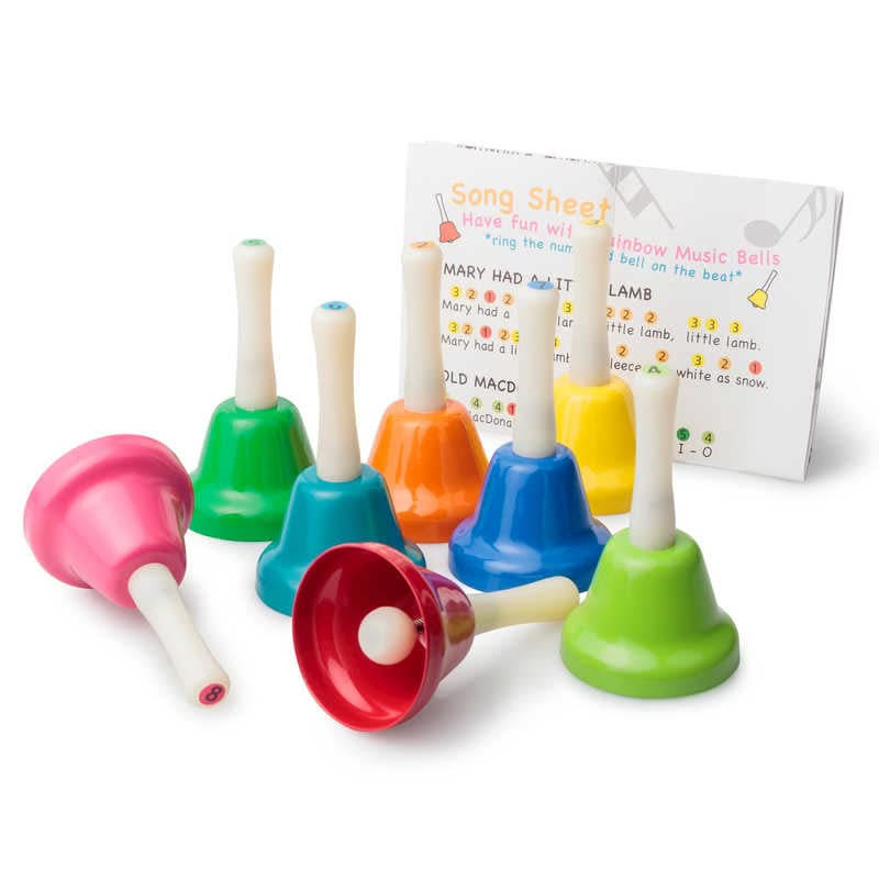 Rainbow hand bells, handbells,hand bells,special needs hand bells music toy,hand bells,rainbow hand bells,special needs rainbow handbells, Rainbow hand bells,Rainbow Hand Bells Brighten up musical playtime with the Rainbow Hand Bells set, an enchanting collection of eight colourful metal bells, each tuned to a different musical note. Perfect for introducing children to the joy of music, these hand bells are designed for both solo play and group performances. With a simple c,RainbowRainbow Hand Bells Brighte