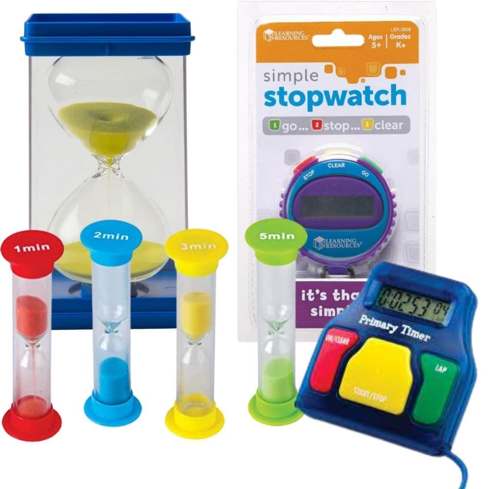 Set of Sand & Digital Timers, Set of Sand & Digital Timers,1-minute mini sand timer, 3-minute mini sand timer, 5-minute mini sand timer, three digital sand timers and one large 2-minute timers, Set of Sand & Digital Timers,Entice children to vary and expand their maths learning using this good selection of sand and electronic classroom timers in our exclusive Set of Sand & Digital Timers Kit. Our Set of Sand & Digital Timers set includes a selection sand and digital timers includes the following; 1-minute m