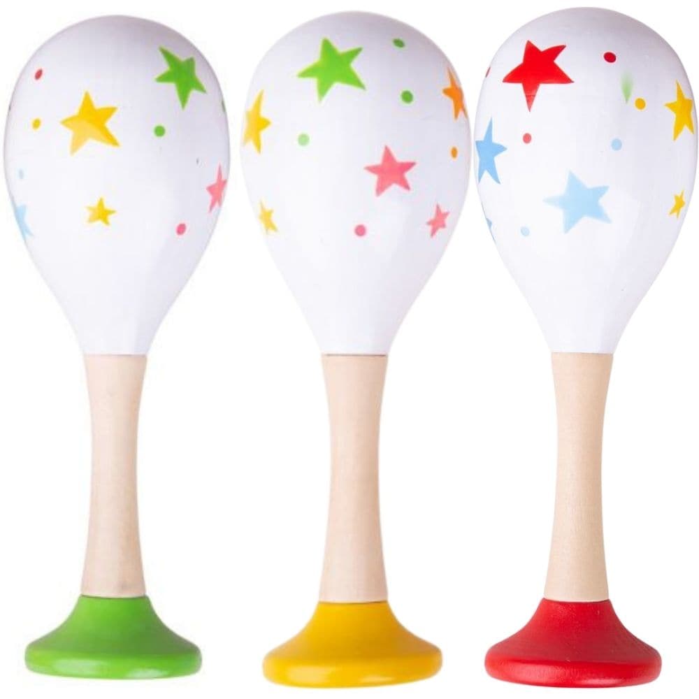 Shaker Maraca, Based on the world's most popular shaken instrument, this wooden maraca makes a pleasant and instantly familiar rattle noise when it's moved from side-to-side. The Wooden Shaker Maraca is decorated with a variety of brightly coloured decorative stars and features a natural wood handle. There are three different designs available, so order more than one Shaker Maraca if you'd like to receive an assortment. The colourful star print pattern on our maracas is engaging for children, and the maraca