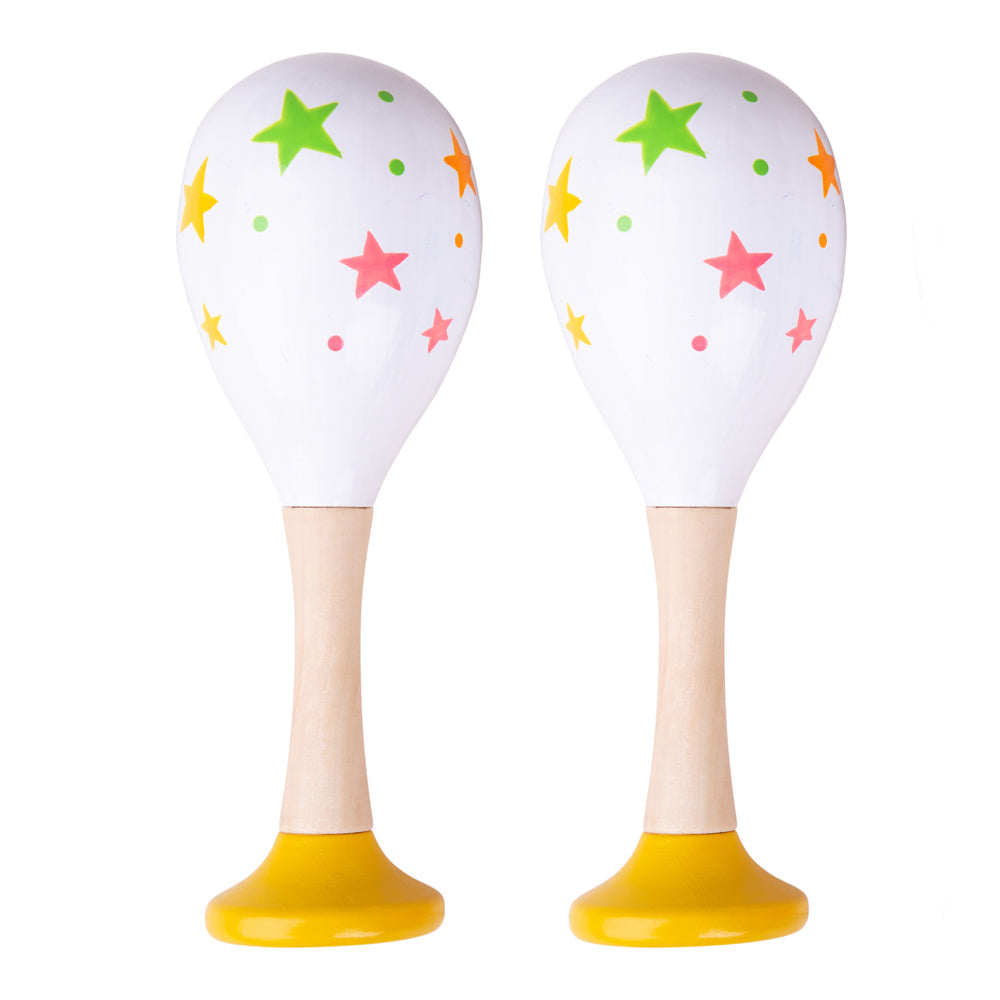 Shaker Maraca, Based on the world's most popular shaken instrument, this wooden maraca makes a pleasant and instantly familiar rattle noise when it's moved from side-to-side. The Wooden Shaker Maraca is decorated with a variety of brightly coloured decorative stars and features a natural wood handle. There are three different designs available, so order more than one Shaker Maraca if you'd like to receive an assortment. The colourful star print pattern on our maracas is engaging for children, and the maraca