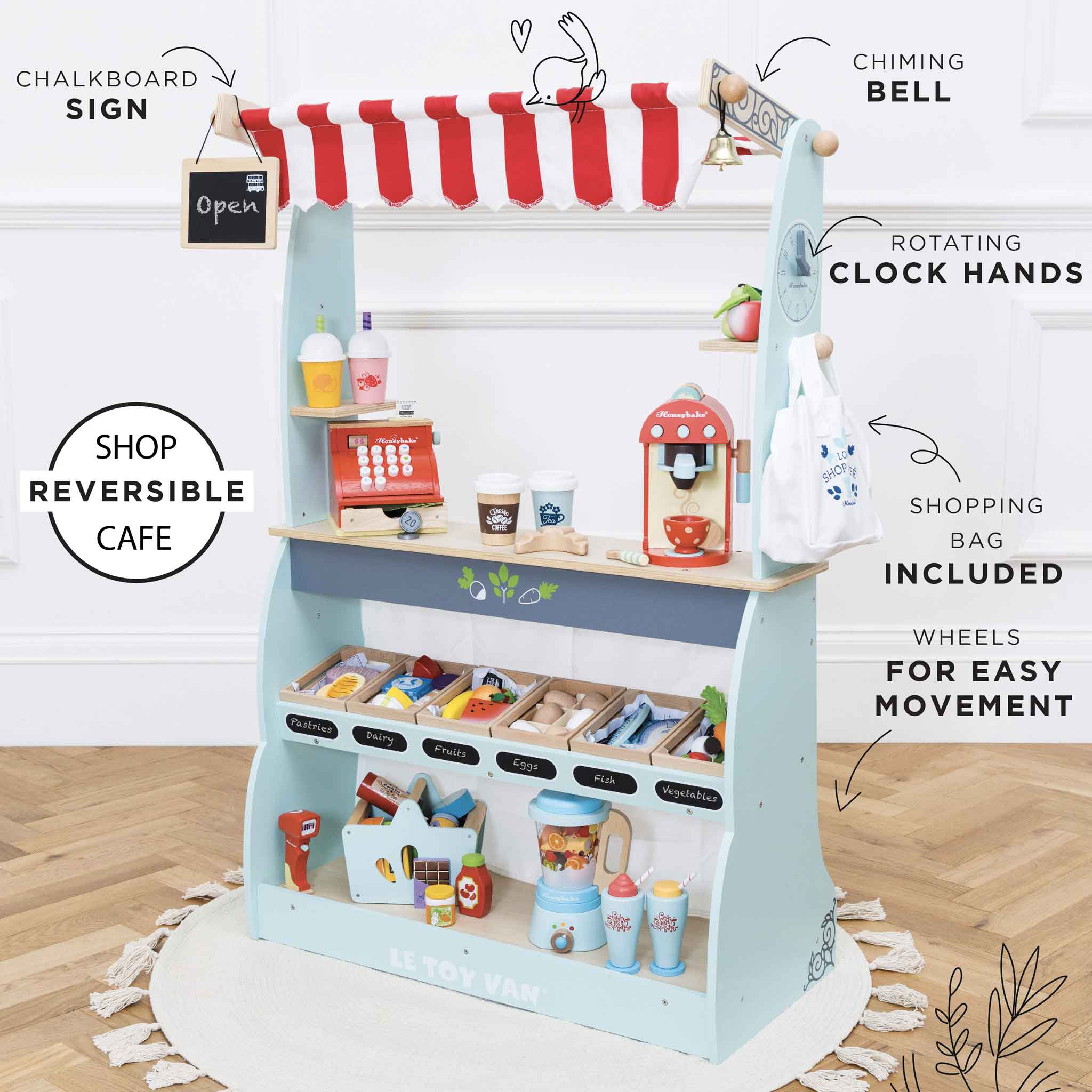 Shop & Cafe Roleplay Set, Shop & Cafe Roleplay Set,pretend play shop,pretend play cafe,wooden toys, Shop & Café Market Stand – A Multi-Award-Winning Role-Play Delight! Let little entrepreneurs step into a world of make-believe retail and hospitality with the Shop & Café Market Stand—a beautifully crafted 2-in-1 wooden play set that transforms between a bustling café and a charming market stall! Designed by skilled toy makers, this multi-award-winning play set is an essential addition to any playroom, offeri