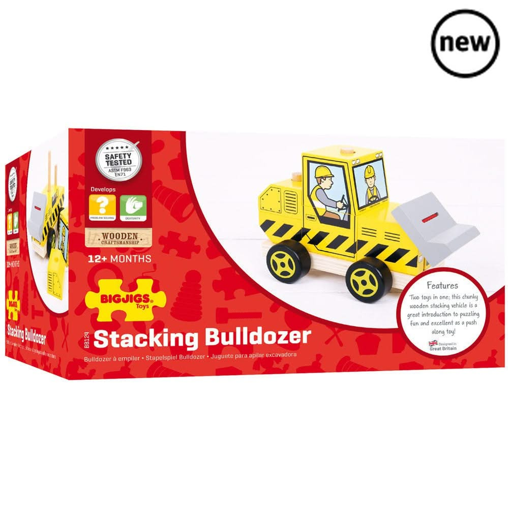 Stacking Bulldozer, Stacking Bulldozer,Bigjigs Stacking Bulldozer,Bigjigs wooden toys, Stacking Bulldozer,Here comes the Bigjigs Toys Stacking Bulldozer! The bright yellow wooden stacking toy is painted with construction-style patterns and features its own bulldozer driver. This push along wooden toy is two toys in one! Develop dexterity and problem-solving skills with this stacking and push along wooden toy. Before this w,StackingHere comes the Bigjigs Toys Stacking Bulldozer! The bright yellow wooden stac