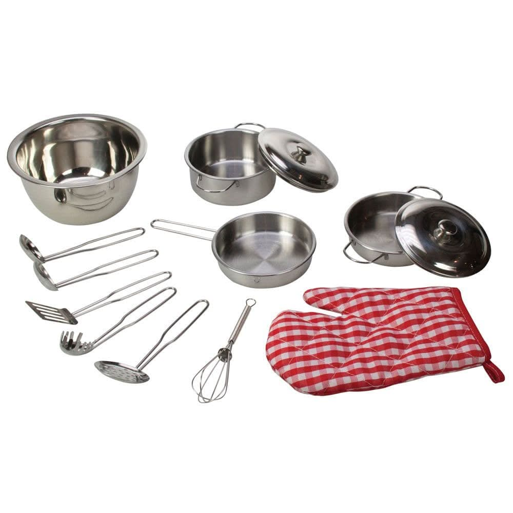 Stainless steel kitchenware set, Bigjigs Stainless steel kitchenware set,pretend play kitchen toys,kitchen toys,pretend play household,children's imaginative play ideas, Stainless steel kitchenware set,Stainless Steel Kitchenware Set Inspire young culinary enthusiasts with this Stainless Steel Kitchenware Set, perfectly sized for small hands and designed to look just as professional as a real kitchen set. This 13-piece set includes everything needed to dive into imaginative cooking play, featuring stainless