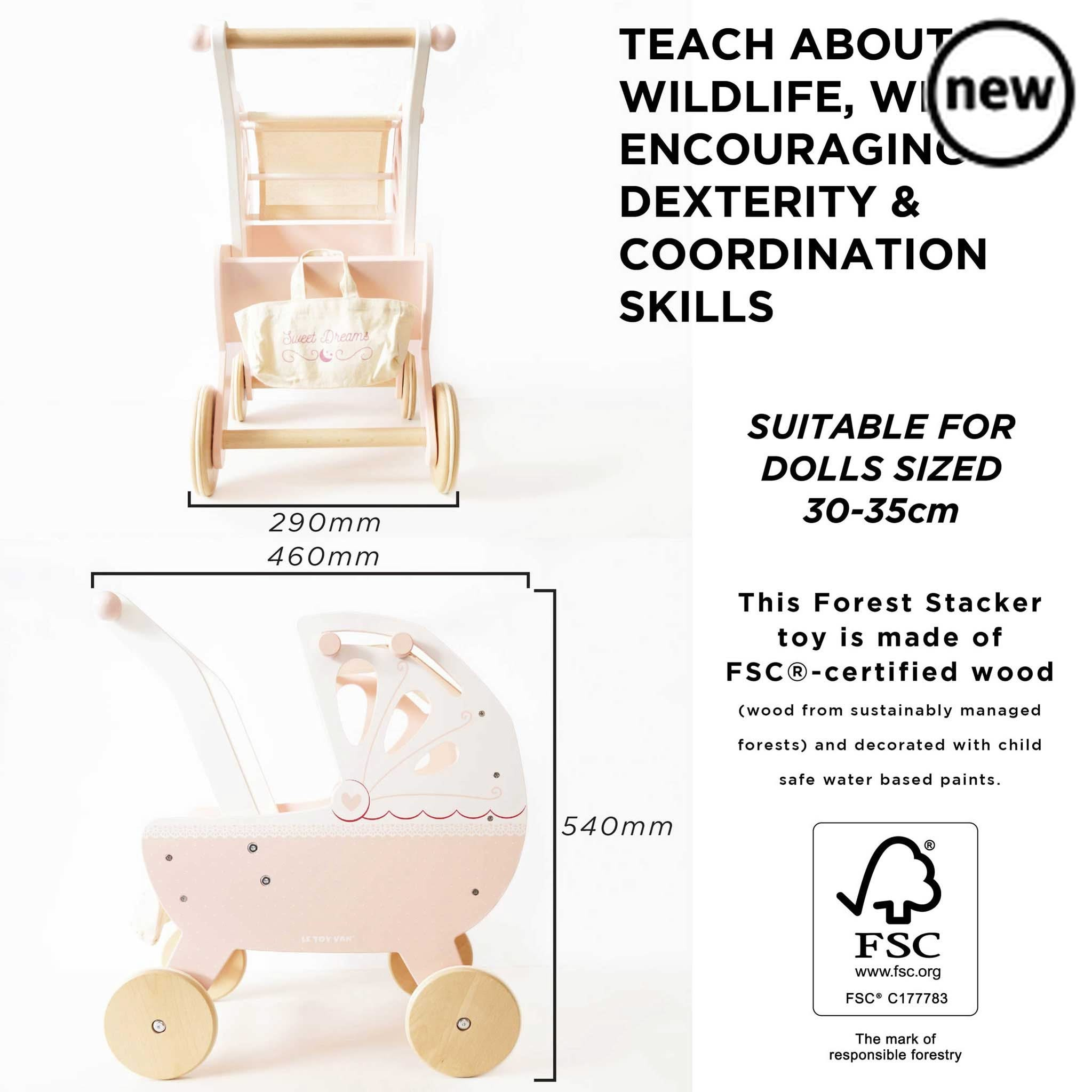 Sweet Dreams Doll Pram, , Sweet Dreams Doll Pram,Take dolly out and about on all their childhood adventures with our beautiful, traditional wooden doll pram stroller. Lovingly designed, this little beauty is full of nostalgia, adorned with prettiest, delicate detailing with heart and lace motifs. Featuring a soft pastel pink, cream and fresh white colour palette, it',SweetTake dolly out and about on all their childhood adventures with our beautiful, traditional wooden doll pram stroller. Lovingly designed, 