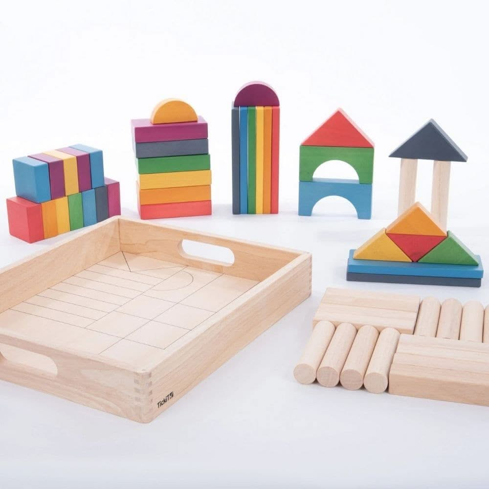 TickiT Rainbow Wooden Jumbo Block Set, TickiT Rainbow Wooden Jumbo Block Set, Wooden block set, Children's wooden building blocks, Large building blocks toys, EYFS Toys, TickiT Rainbow Wooden Jumbo Block Set,The TickiT® Rainbow Wooden Jumbo Block Set is a beautifully crafted collection of 54 wooden blocks, combining the natural charm of wood with vibrant rainbow colours. Each block is crafted from smooth, solid rubberwood and designed with traditional shapes, making this set perfect for safe, hands-on const