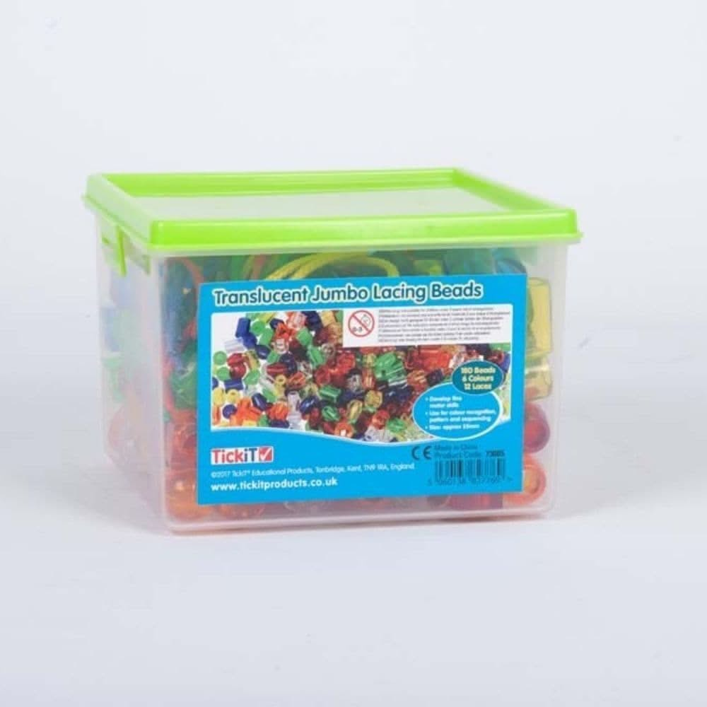 Translucent Jumbo Lacing Beads Set of 180 with 12 Laces, Translucent Jumbo Lacing Beads Set of 180 with 12 Laces,primary school resources,light and sound resources for schools,geometric shapes early years, Translucent Jumbo Lacing Beads Set of 180 with 12 Laces,Bumper pack of translucent plastic lacing beads in 6 shapes and 6 colours with 12 laces. Use the Translucent Jumbo Lacing Beads Set for colour and shape recognition, fine motor skills, pattern and sequencing, or sorting and counting. The Translucent 