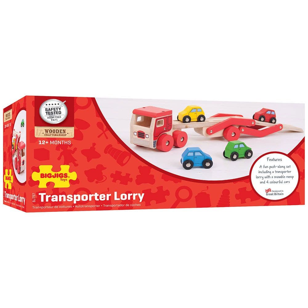 Transporter Lorry, Transporter Lorry,Wooden toys,Traditional wooden toy cars lorries,bigjigs ball fall,bigjigs toys,traditional wooden toys,childrens wooden toys,durable wooden toys,educational wooden toys, Transporter Lorry,This wooden Transporter Lorry Toy helps to develop kids’ dexterity and coordination as they play. It carries a load of four colourful wooden cars (which slot nicely onto the trailer) and is safe for little hands to play with. The toy car transporter lorry’s upper deck can be easily lowe