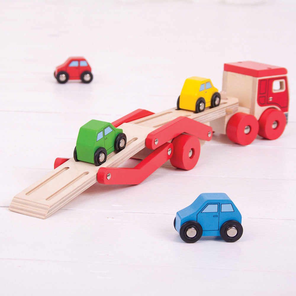 Transporter Lorry, Transporter Lorry,Wooden toys,Traditional wooden toy cars lorries,bigjigs ball fall,bigjigs toys,traditional wooden toys,childrens wooden toys,durable wooden toys,educational wooden toys, Transporter Lorry,This wooden Transporter Lorry Toy helps to develop kids’ dexterity and coordination as they play. It carries a load of four colourful wooden cars (which slot nicely onto the trailer) and is safe for little hands to play with. The toy car transporter lorry’s upper deck can be easilyThis 