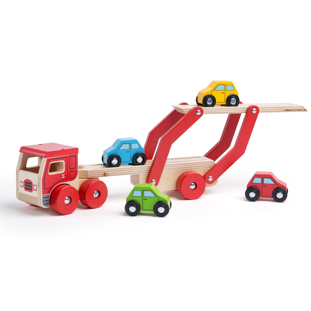 Transporter Lorry, Transporter Lorry,Wooden toys,Traditional wooden toy cars lorries,bigjigs ball fall,bigjigs toys,traditional wooden toys,childrens wooden toys,durable wooden toys,educational wooden toys, Transporter Lorry,This wooden Transporter Lorry Toy helps to develop kids’ dexterity and coordination as they play. It carries a load of four colourful wooden cars (which slot nicely onto the trailer) and is safe for little hands to play with. The toy car transporter lorry’s upper deck can be easilyThis 