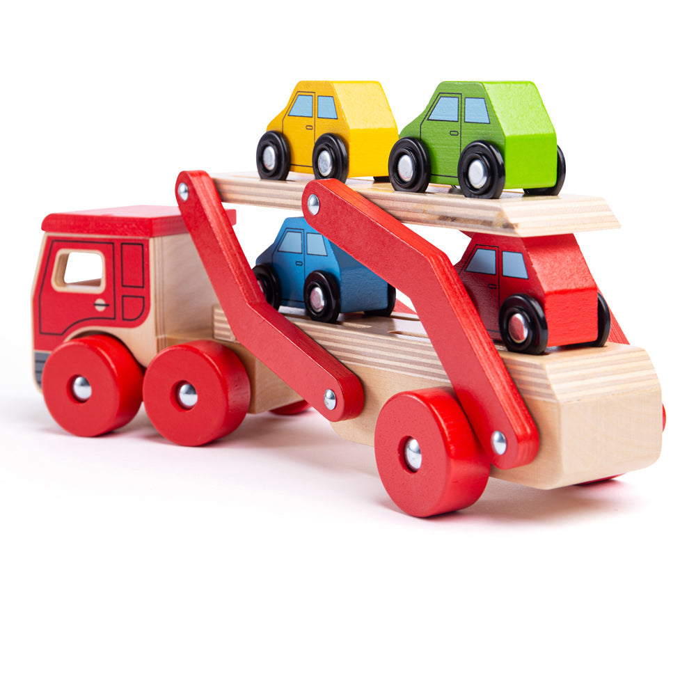 Transporter Lorry, Transporter Lorry,Wooden toys,Traditional wooden toy cars lorries,bigjigs ball fall,bigjigs toys,traditional wooden toys,childrens wooden toys,durable wooden toys,educational wooden toys, Transporter Lorry,This wooden Transporter Lorry Toy helps to develop kids’ dexterity and coordination as they play. It carries a load of four colourful wooden cars (which slot nicely onto the trailer) and is safe for little hands to play with. The toy car transporter lorry’s upper deck can be easilyThis 