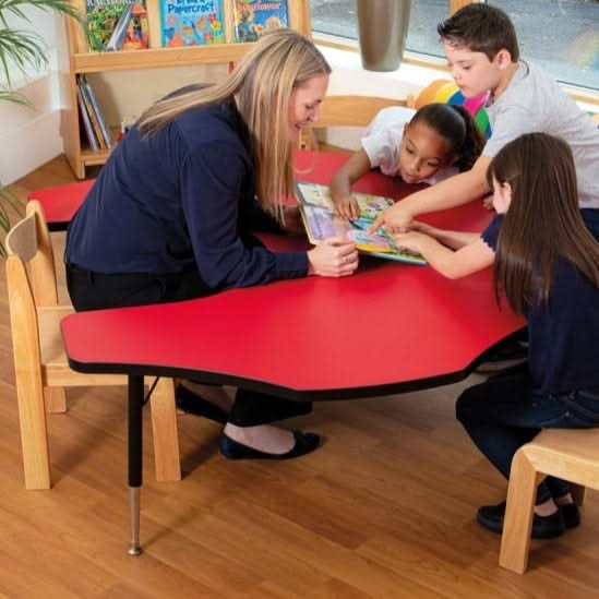 Tuf-Top Height Adjustable Teacher's Flower Table - Heavy Duty, , Tuf-Top™ Height Adjustable Flower Table – Built for Collaboration & Durability The Tuf-Top™ Height Adjustable Flower Table is a high-quality, heavy-duty classroom table designed to encourage group work, creativity, and interactive learning. Its sturdy 25mm thick tabletop and adjustable height settings make it a versatile and long-lasting choice for modern educational environments. Tuf-Top Height Adjustable Teacher's Flower Table Features: Spac