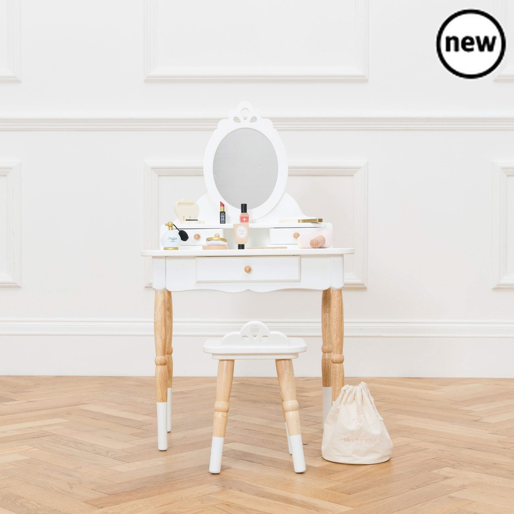 Vanity Table & Wood Stool, , Vanity Table & Wood Stool,Description Winner of the Independent Toy Gold Award 2022 This beautiful, vintage style vanity table is sure to make childhood dreams come true! The perfect addition to your child's bedroom or playroom, this stunning dressing table is full of timeless elegance to delight little ones, for engaging play. With anVintage-Style Wooden Vanity Table & Stool – A Timeless Heirloom for Little Ones Winner of the Independent Toy Gold Award 2022, this beautiful vint