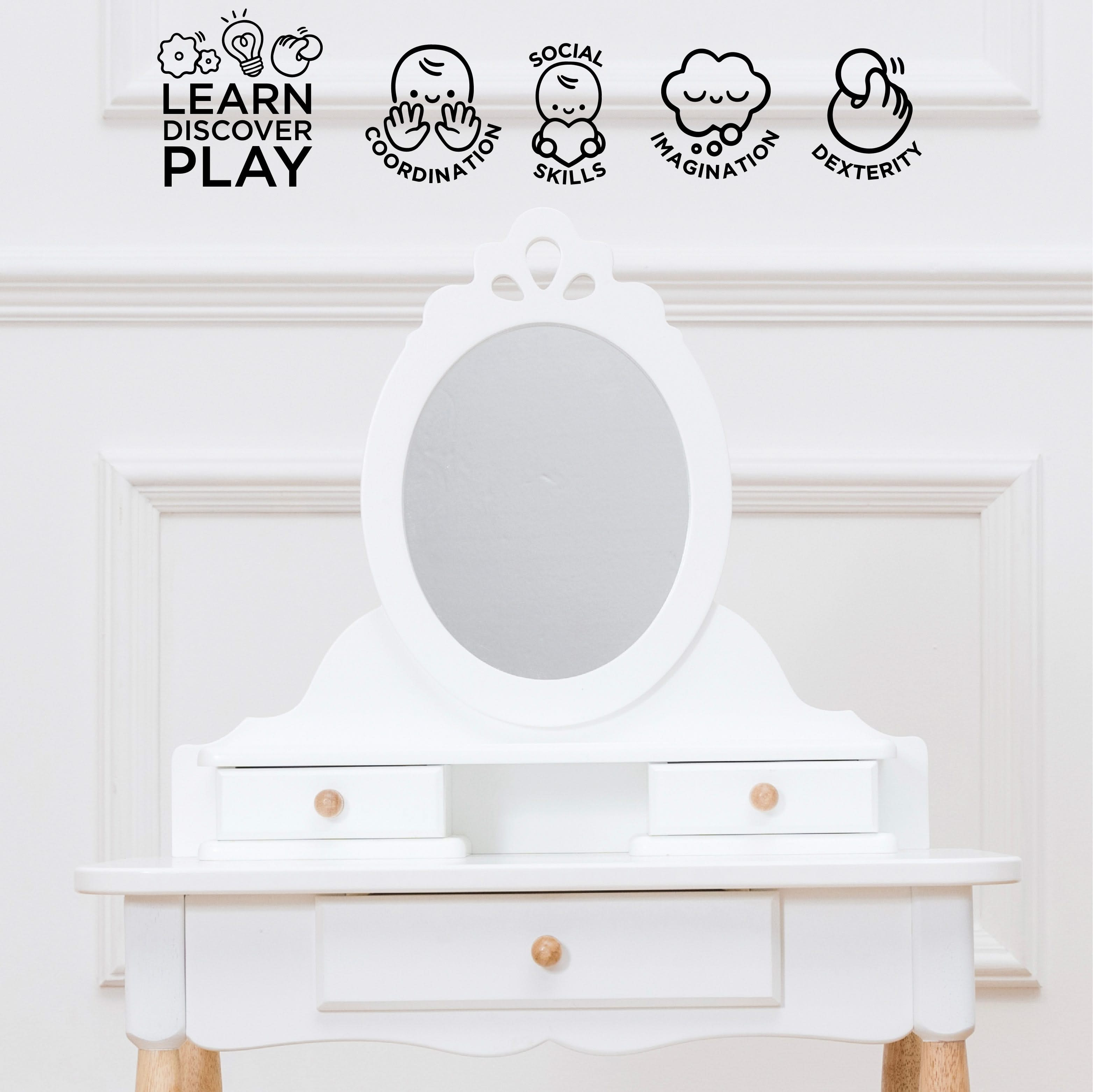 Vanity Table & Wood Stool, , Vanity Table & Wood Stool,Description Winner of the Independent Toy Gold Award 2022 This beautiful, vintage style vanity table is sure to make childhood dreams come true! The perfect addition to your child's bedroom or playroom, this stunning dressing table is full of timeless elegance to delight little ones, for engaging play. With anVintage-Style Wooden Vanity Table & Stool – A Timeless Heirloom for Little Ones Winner of the Independent Toy Gold Award 2022, this beautiful vint