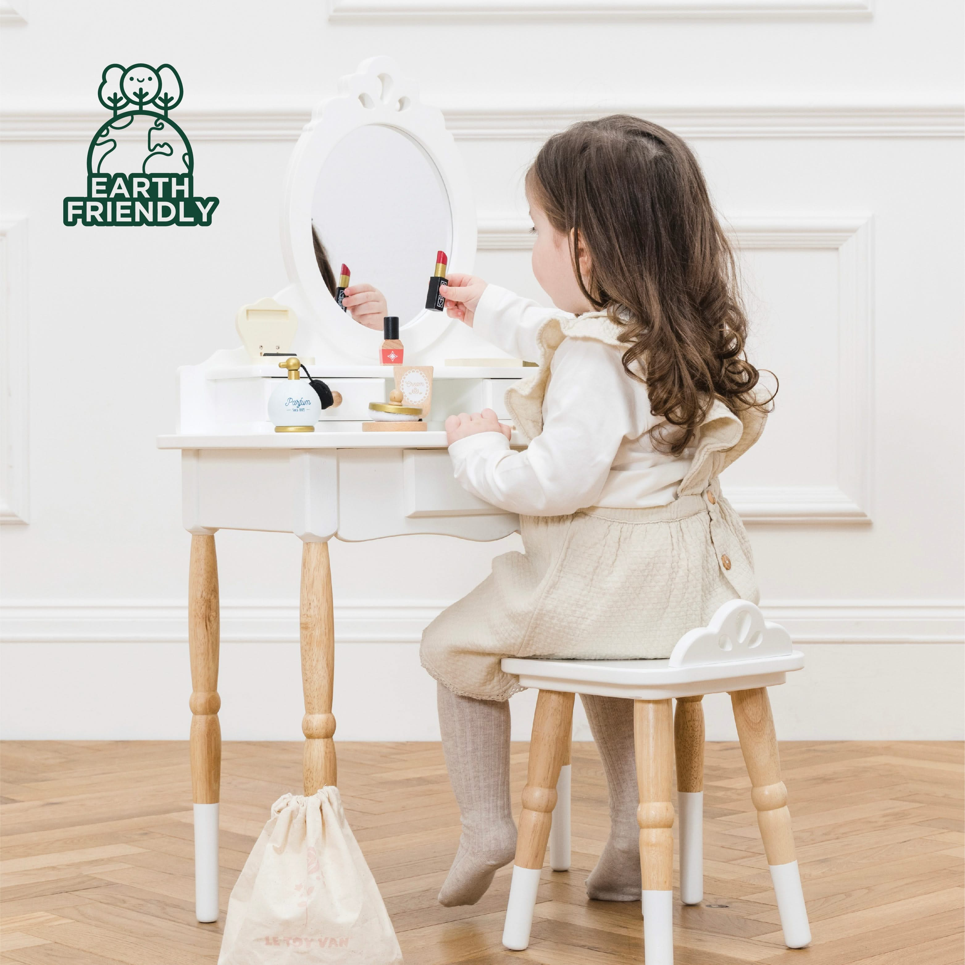 Vanity Table & Wood Stool, , Vanity Table & Wood Stool,Description Winner of the Independent Toy Gold Award 2022 This beautiful, vintage style vanity table is sure to make childhood dreams come true! The perfect addition to your child's bedroom or playroom, this stunning dressing table is full of timeless elegance to delight little ones, for engaging play. With anVintage-Style Wooden Vanity Table & Stool – A Timeless Heirloom for Little Ones Winner of the Independent Toy Gold Award 2022, this beautiful vint