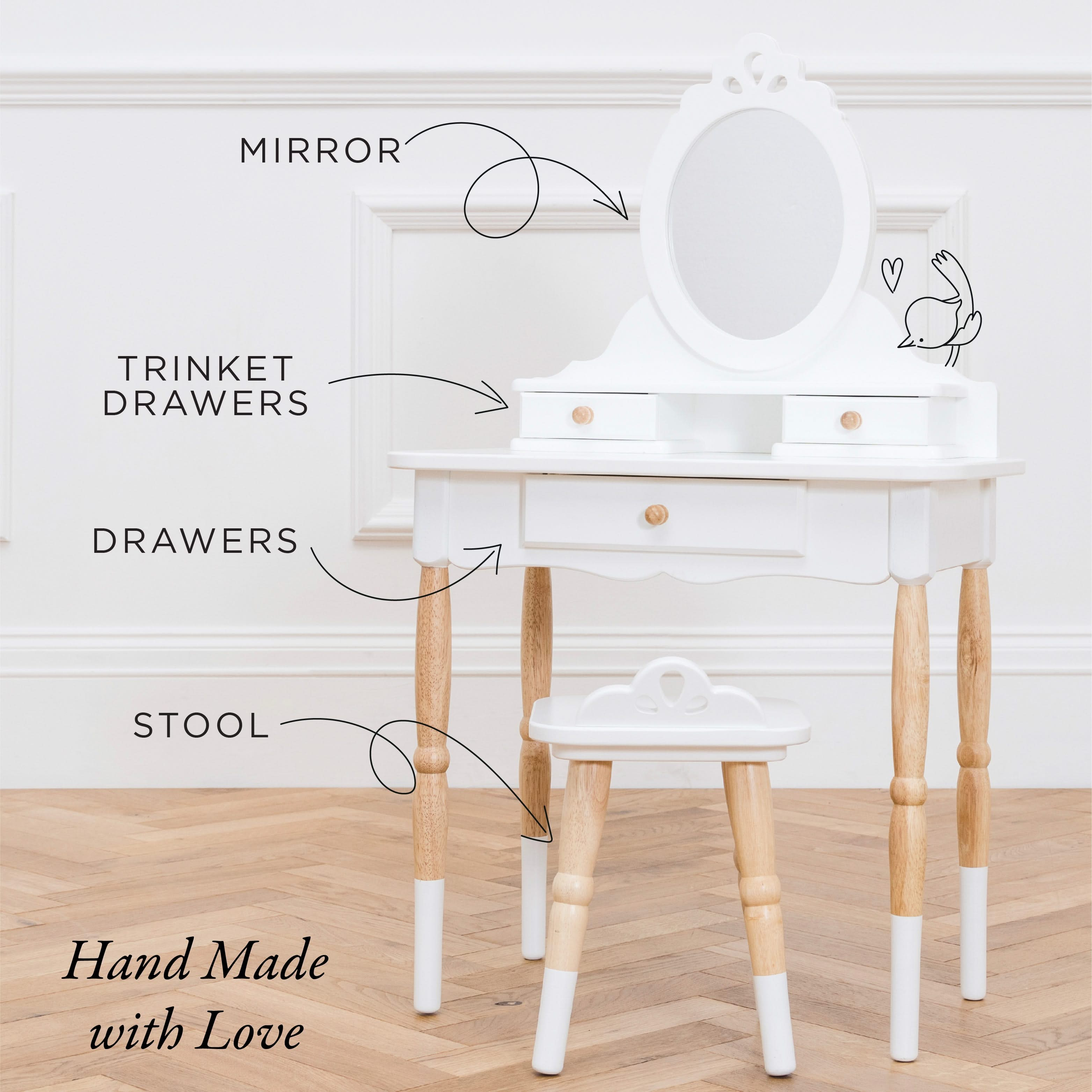 Vanity Table & Wood Stool, , Vanity Table & Wood Stool,Description Winner of the Independent Toy Gold Award 2022 This beautiful, vintage style vanity table is sure to make childhood dreams come true! The perfect addition to your child's bedroom or playroom, this stunning dressing table is full of timeless elegance to delight little ones, for engaging play. With anVintage-Style Wooden Vanity Table & Stool – A Timeless Heirloom for Little Ones Winner of the Independent Toy Gold Award 2022, this beautiful vint