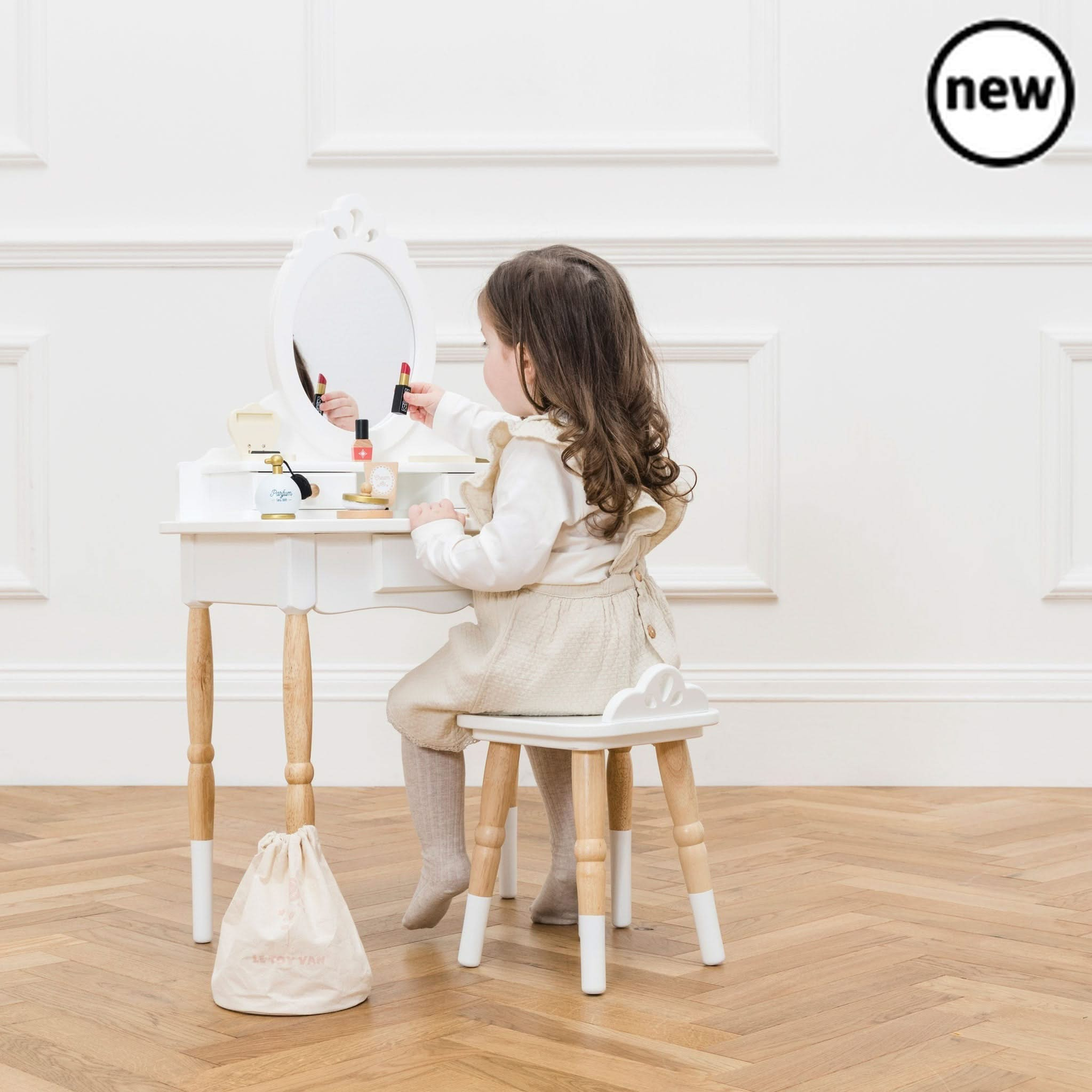 Vanity Table & Wood Stool, , Vanity Table & Wood Stool,Description Winner of the Independent Toy Gold Award 2022 This beautiful, vintage style vanity table is sure to make childhood dreams come true! The perfect addition to your child's bedroom or playroom, this stunning dressing table is full of timeless elegance to delight little ones, for engaging play. With anVintage-Style Wooden Vanity Table & Stool – A Timeless Heirloom for Little Ones Winner of the Independent Toy Gold Award 2022, this beautiful vint