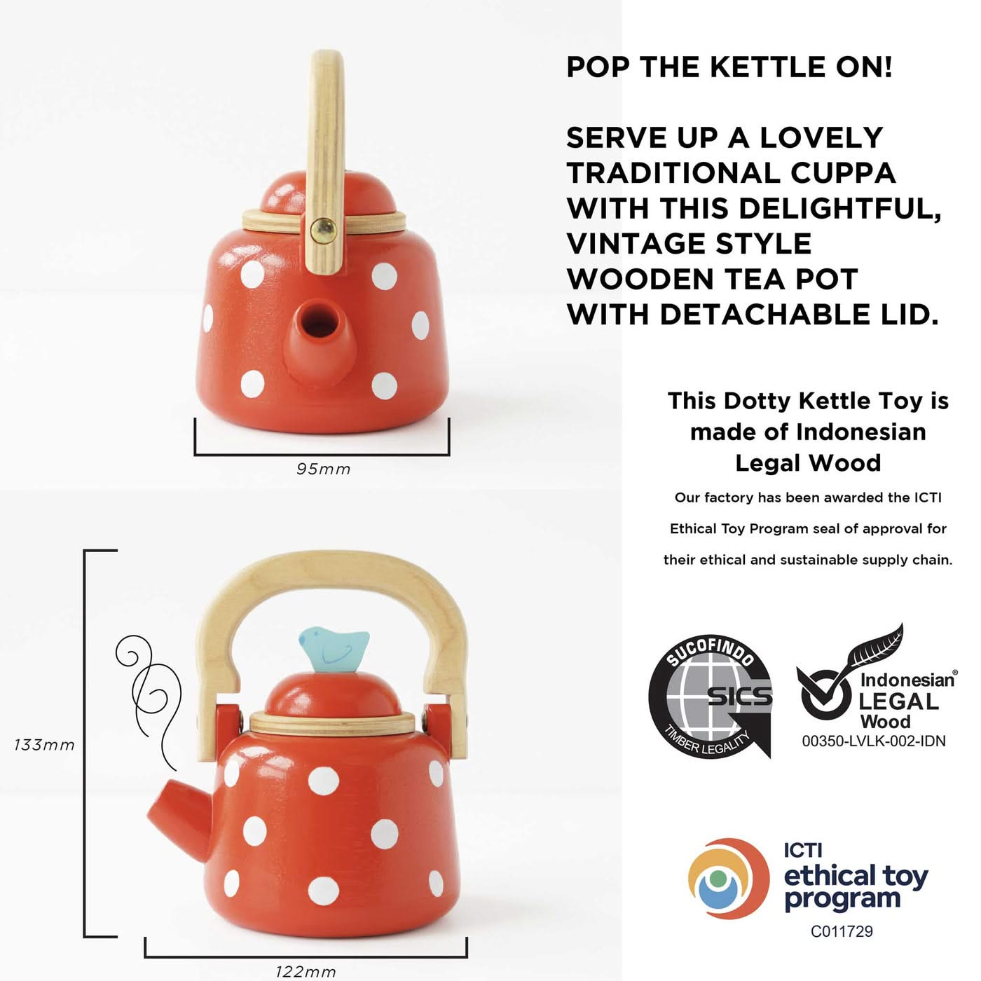 Vintage Dotty Wooden Kettle, Vintage Dotty Wooden Kettle,Pretend play,pretend play kitchen toys,kitchen toys,pretend play household,children's imaginative play ideas, Vintage Dotty Wooden Kettle,Vintage Dotty Wooden Kettle Serve a delightful traditional cuppa with this charming Vintage Dotty Wooden Kettle. Styled in a bold red with playful white polka dots, this beautifully crafted wooden kettle will spark imaginations and bring endless joy to little hosts. Perfect for interactive tea parties with friends,V