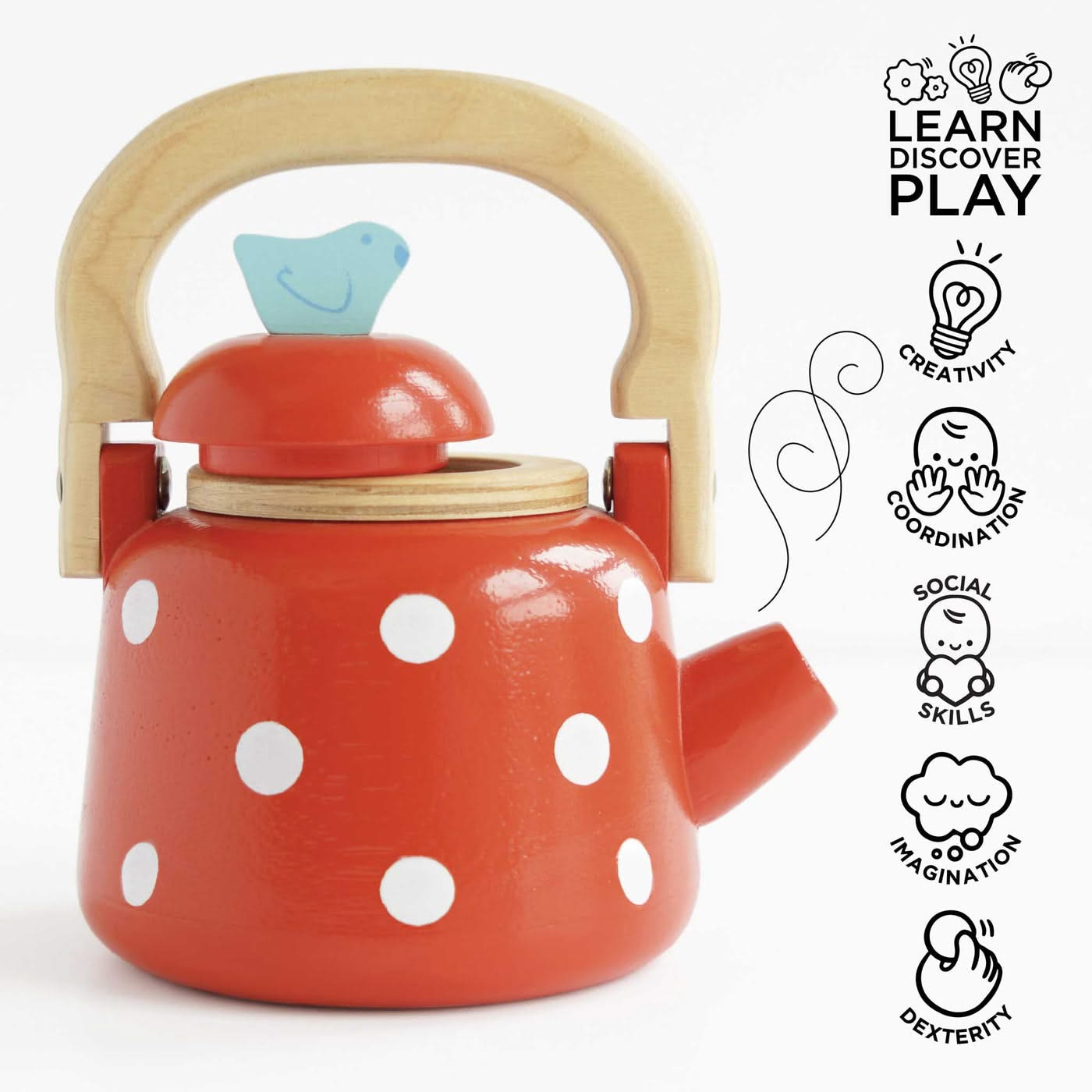 Vintage Dotty Wooden Kettle, Vintage Dotty Wooden Kettle,Pretend play,pretend play kitchen toys,kitchen toys,pretend play household,children's imaginative play ideas, Vintage Dotty Wooden Kettle,Vintage Dotty Wooden Kettle Serve a delightful traditional cuppa with this charming Vintage Dotty Wooden Kettle. Styled in a bold red with playful white polka dots, this beautifully crafted wooden kettle will spark imaginations and bring endless joy to little hosts. Perfect for interactive tea parties with friends,V