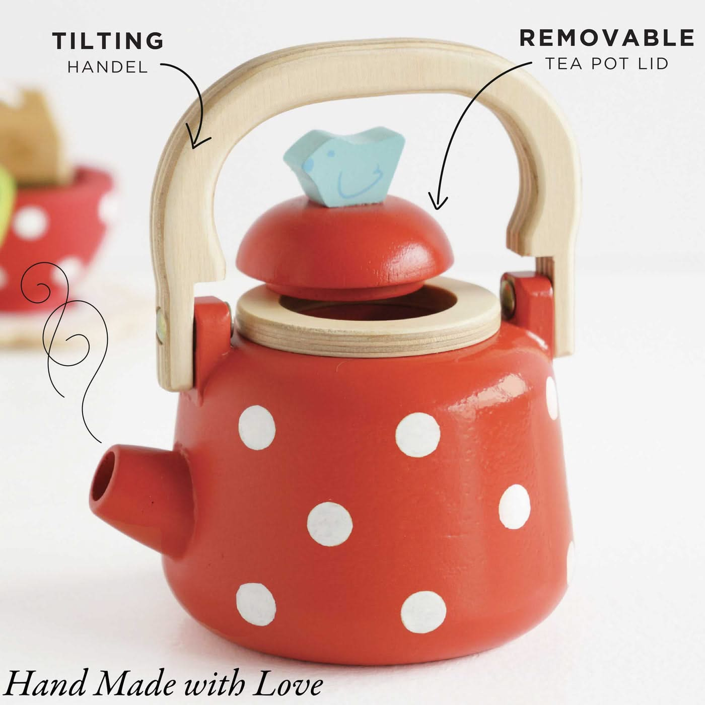 Vintage Dotty Wooden Kettle, Vintage Dotty Wooden Kettle,Pretend play,pretend play kitchen toys,kitchen toys,pretend play household,children's imaginative play ideas, Vintage Dotty Wooden Kettle,Vintage Dotty Wooden Kettle Serve a delightful traditional cuppa with this charming Vintage Dotty Wooden Kettle. Styled in a bold red with playful white polka dots, this beautifully crafted wooden kettle will spark imaginations and bring endless joy to little hosts. Perfect for interactive tea parties with friends,V