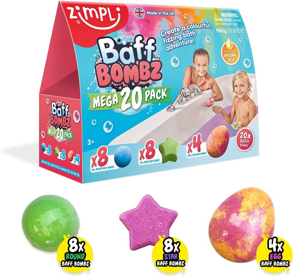 Zimpli Kids Baff Bombz Mega 20 Pack, Zimpli Kids Baff Bombz Mega 20 Pack,Baff Bombz Mega 20 Pack,Children's baff bombs,Bath bombs, Zimpli Kids Baff Bombz Mega 20 Pack,Zimpli Kids Baff Bombz Mega 20 Pack: A Bath Time Adventure Awaits! Turn bath time into a colourful, fizzing, and sensory-filled adventure with the Zimpli Kids Baff Bombz Mega 20 Pack. These vibrant bath bombs create a magical experience, fizzing and changing theZimpli Kids Baff Bombz Mega 20 Pack: A Bath Time Adventure Awaits! Turn bath time i